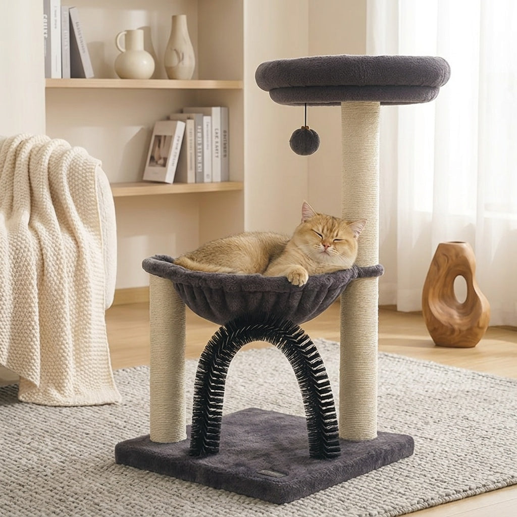 Cat Tree Tower 27.8" for Indoor Cats – Multi-Level Scratching Post with Plush Basket, Perch & Dangling Ball for Kittens and Small Cats, Grey