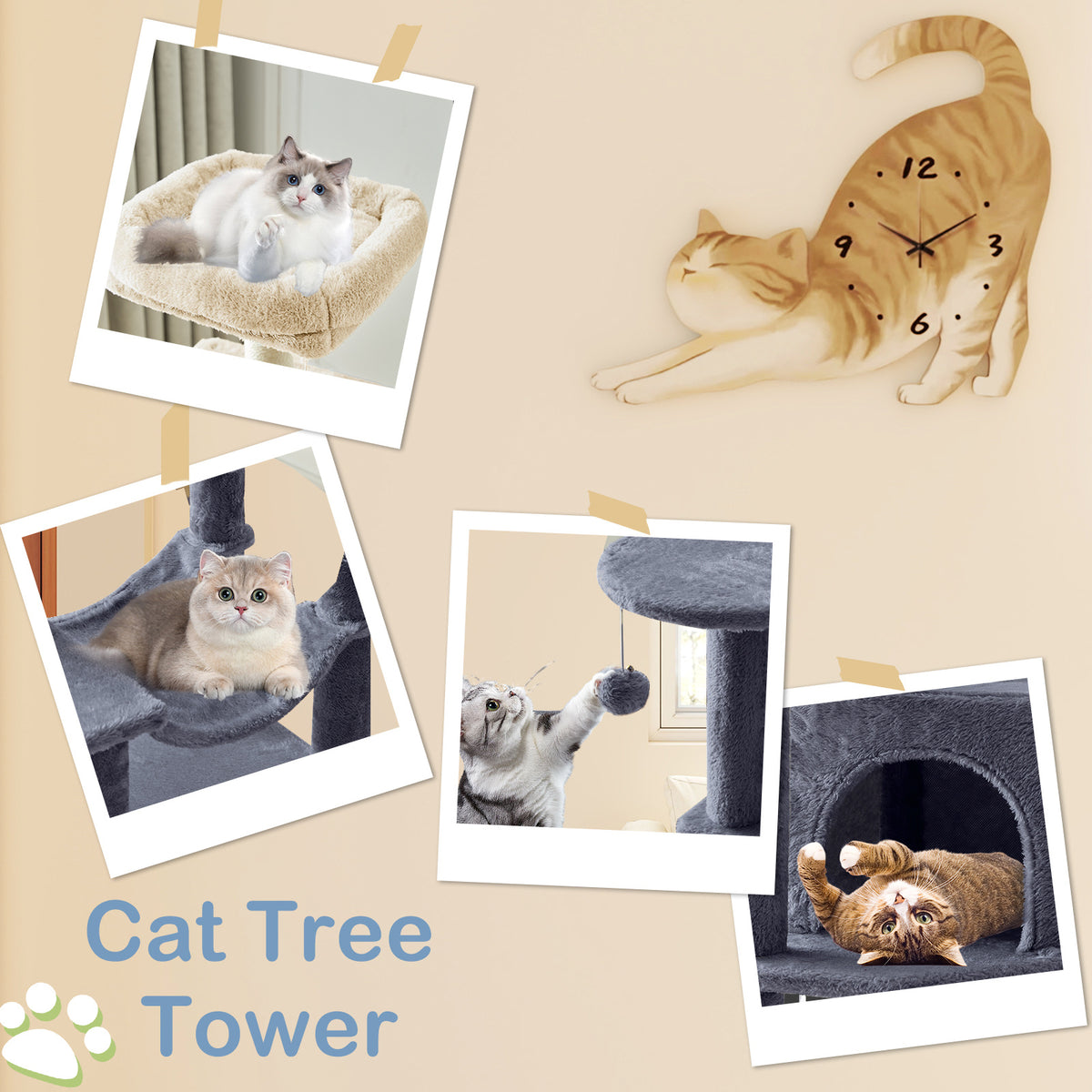44-Inch Large Cat Tree Tower with Condo, Hammock & Sisal Scratching Posts – Multi-Level Indoor Cat House for Multiple Cats
