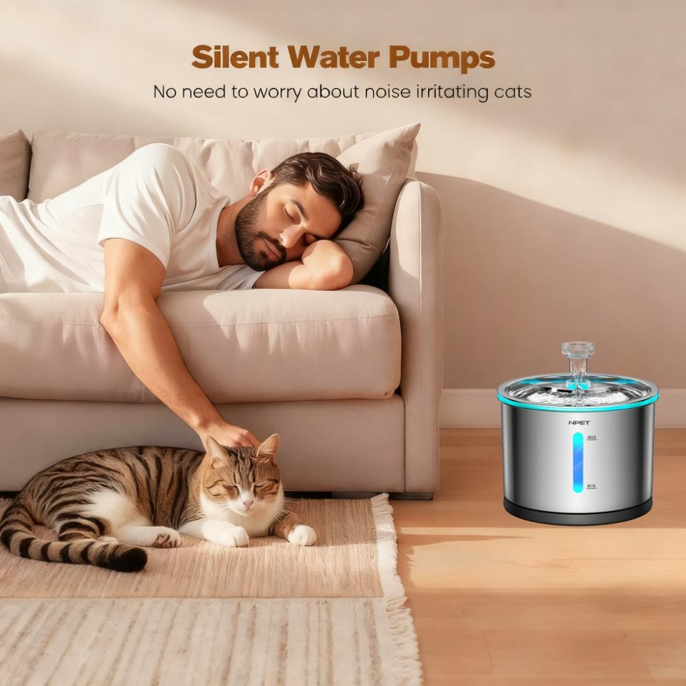 Stainless Steel Cat Water Fountain 50oz/1.5L with Filter - Ultra Quiet Auto Pet Water Dispenser, Dishwasher Safe, LED Visible Window for Cats & Dogs Indoor
