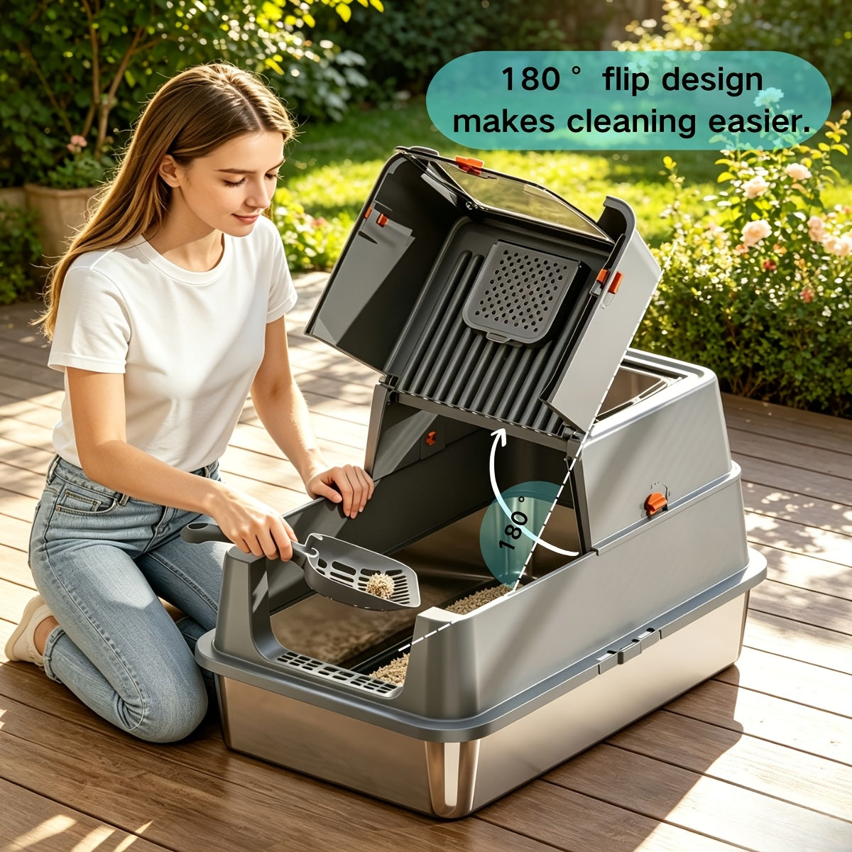 XL Stainless Steel Enclosed Cat Litter Box – 3-in-1 Flip Top Design, High Side Walls Prevent Litter Scatter, Ideal for Large Cats and Multi-Cat Households
