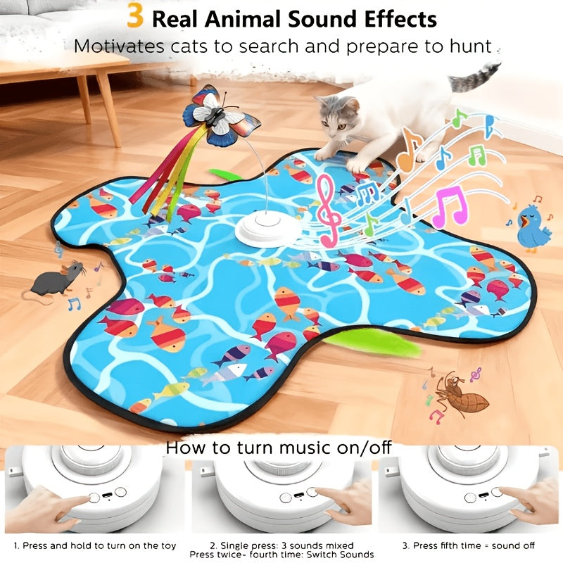 Motion-Activated Interactive Cat Toy 2-in-1 Rechargeable with Flying Butterfly Hidden Feathers & Animal Sounds - 360° Self-Play for Kittens & Cats