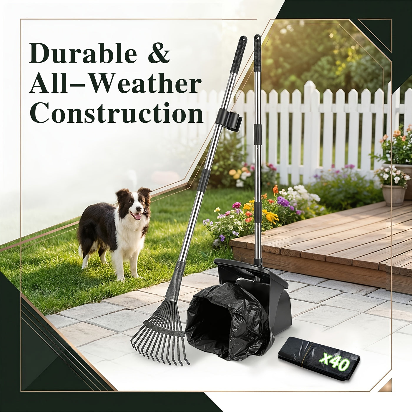 Dog Pooper Scooper Set Heavy Duty – Long Handle with Swivel Bin, Rake & Spade for Grass, Dirt & Gravel, Includes 40 Waste Bags, 2 or 3 Piece Set for Large Dogs