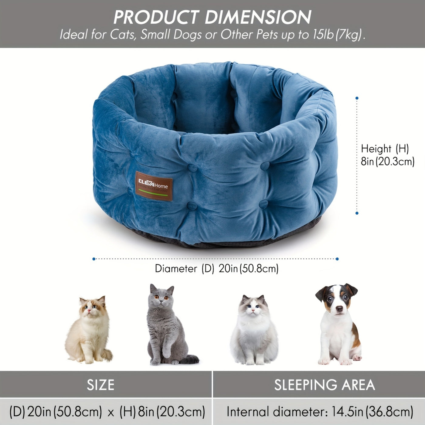 Deep Nest Round Cat Bed for Indoor Cats - Velvet Plush, Extra High Sides, Non-Slip Bottom, Machine Washable, 20x20x8in Cat Bed for Small Pets up to 15lbs, Steel Blue & Warm Beige