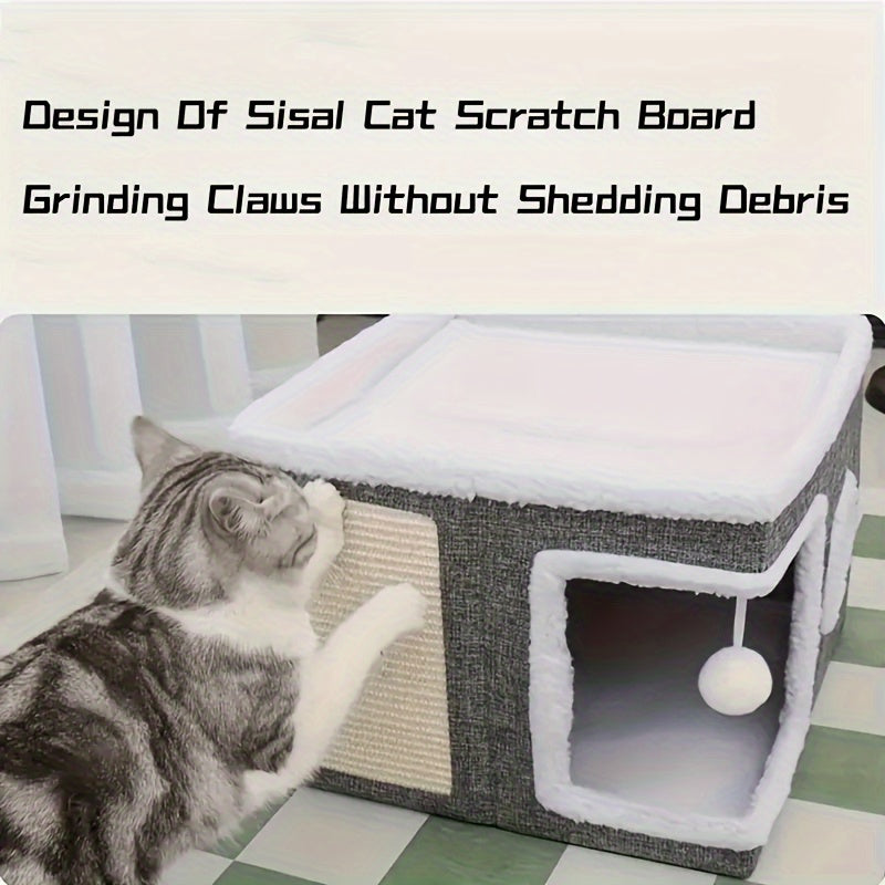 Foldable Cat Cube Bed with 2-Tier Perch, Toy Tunnel & Scratching Post – Space-Saving Indoor Cat House, 16.5x16.5x13 Inches, Plush & Canvas