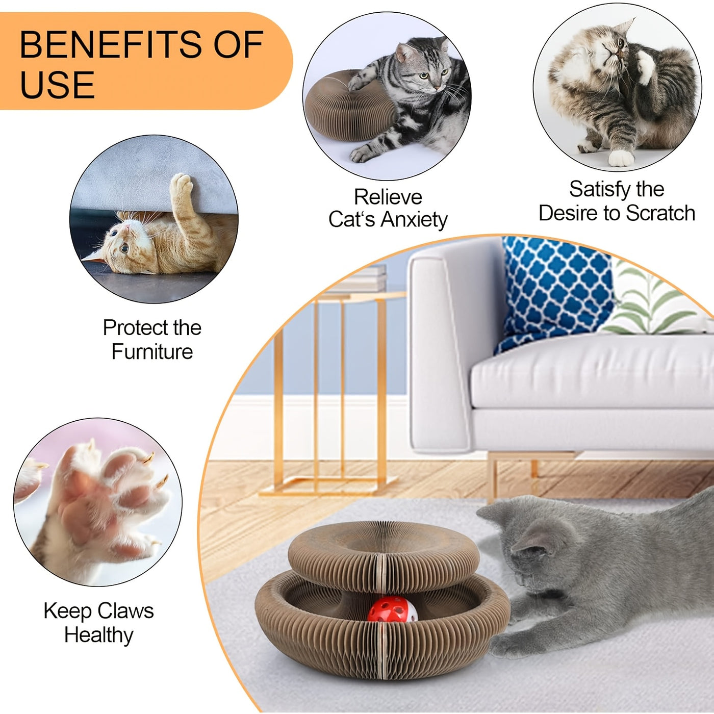 Magic Organ Cat Scratching Board with Ball Track & Bells – Foldable Cardboard Interactive Cat Scratcher Toy, 1 or 2 Pack