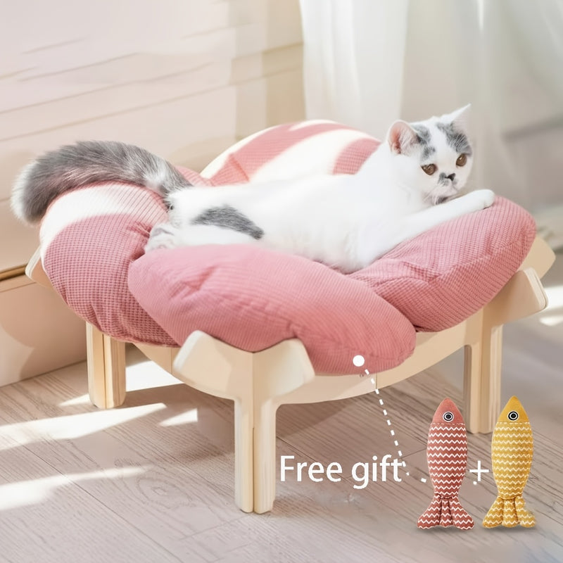 Elevated Wooden Cat Bed with Soft Cushion Raised Pet Lounge Chair Sofa – Modern Solid Wood Cat Hammock for Indoor Cats and Small Dogs with Linen Fish Toy
