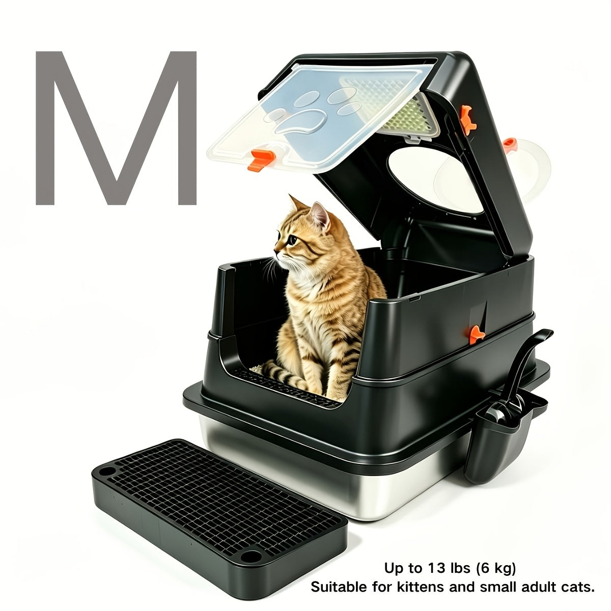 Stainless Steel Cat Litter Box XL Enclosed Odor-Proof with Scoop Step Pedal & Carbon Deodorizer for Large Cats
