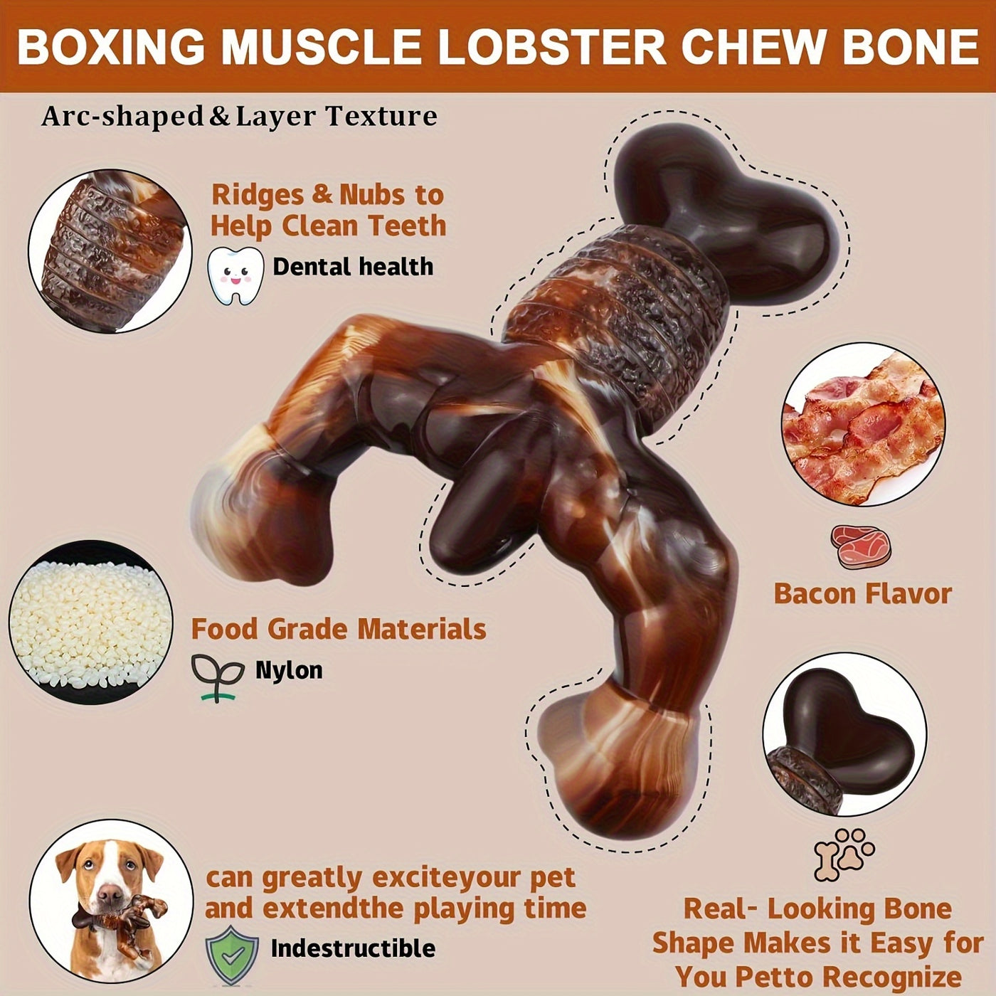 Bacon Flavored Nylon Dog Chew Bone – Durable Chew Toy for Heavy Chewers, Medium & Large Dogs, Long Lasting Teeth Cleaning Dog Bone, Marble Brown Cream