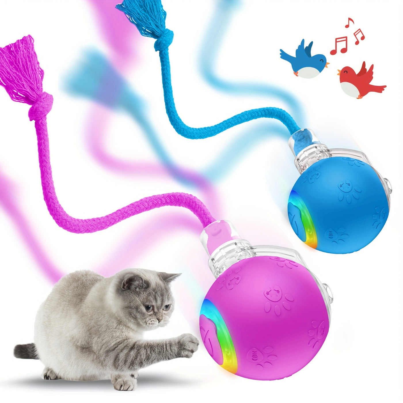 Motion-Activated Smart Cat Toy 2-Pack USB Rechargeable with Bird Sounds Colorful Lights - Interactive Self-Play for Indoor Cats & Kittens