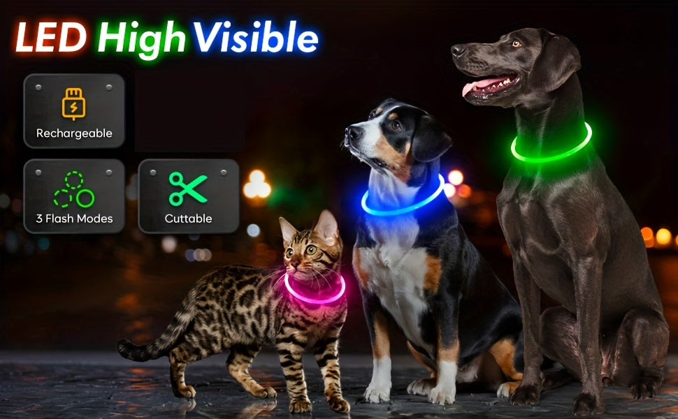 LED Dog Collar USB Rechargeable Light Up Safety Collar with 3 Modes 360° Glow - Adjustable TPU Night Walking Collar for Small Medium Large Dogs, Multi-Color Options