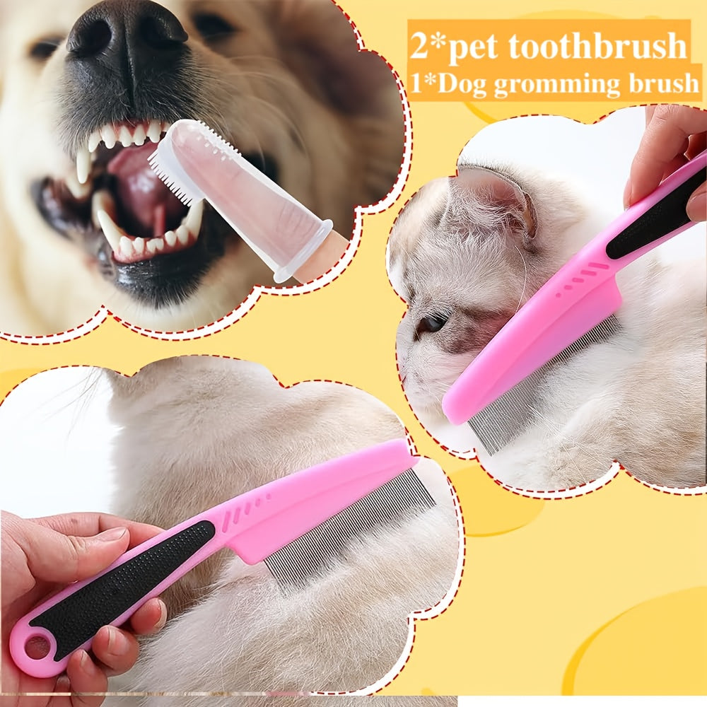 7-in-1 Pet Grooming Kit for Dogs & Cats – Self-Cleaning Slicker Brush, Nail Clippers, Shampoo Bath Brush, Dental Care Set for Puppies & Cats | Pink & Blue, 9pcs