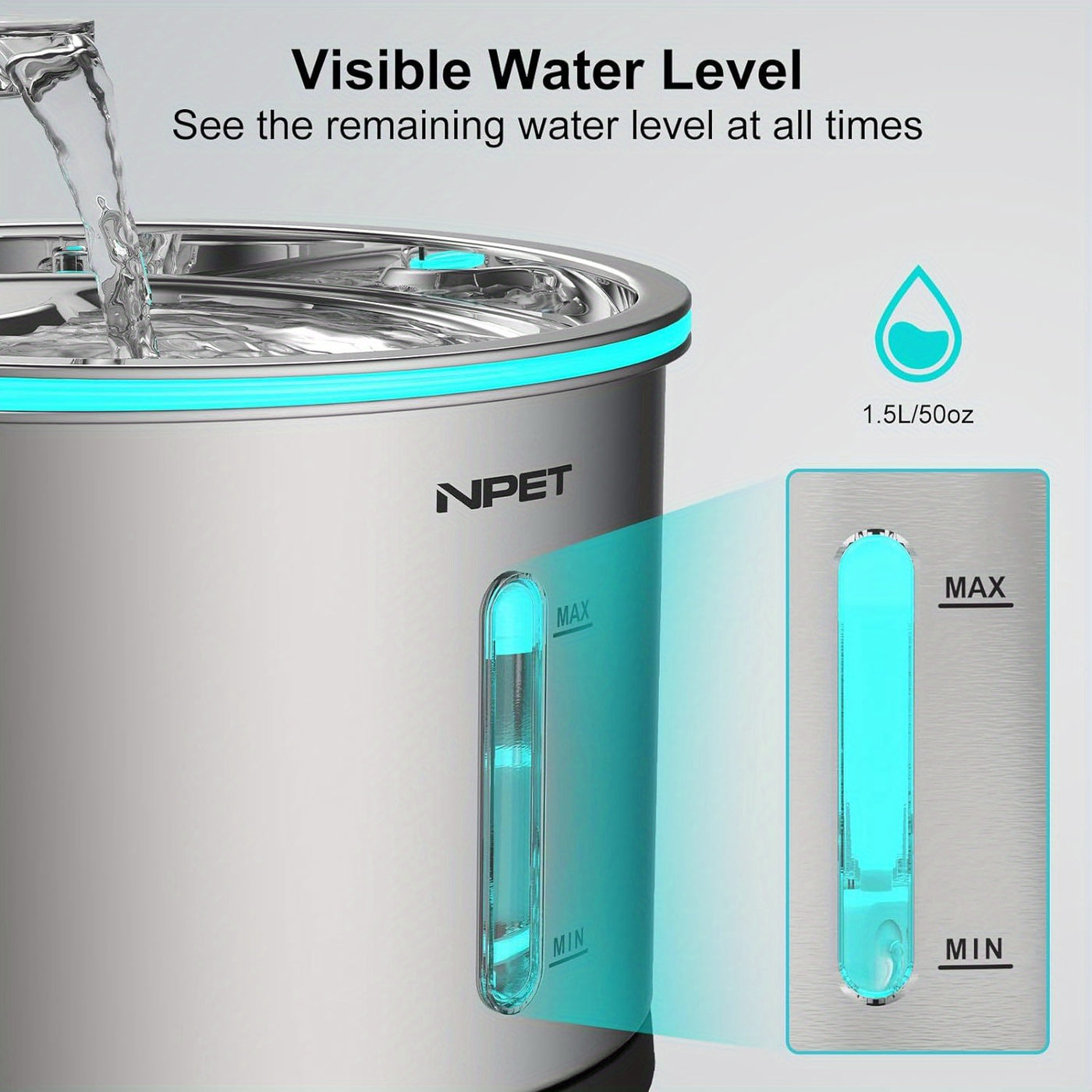 Stainless Steel Cat Water Fountain 50oz/1.5L with Filter - Ultra Quiet Auto Pet Water Dispenser, Dishwasher Safe, LED Visible Window for Cats & Dogs Indoor