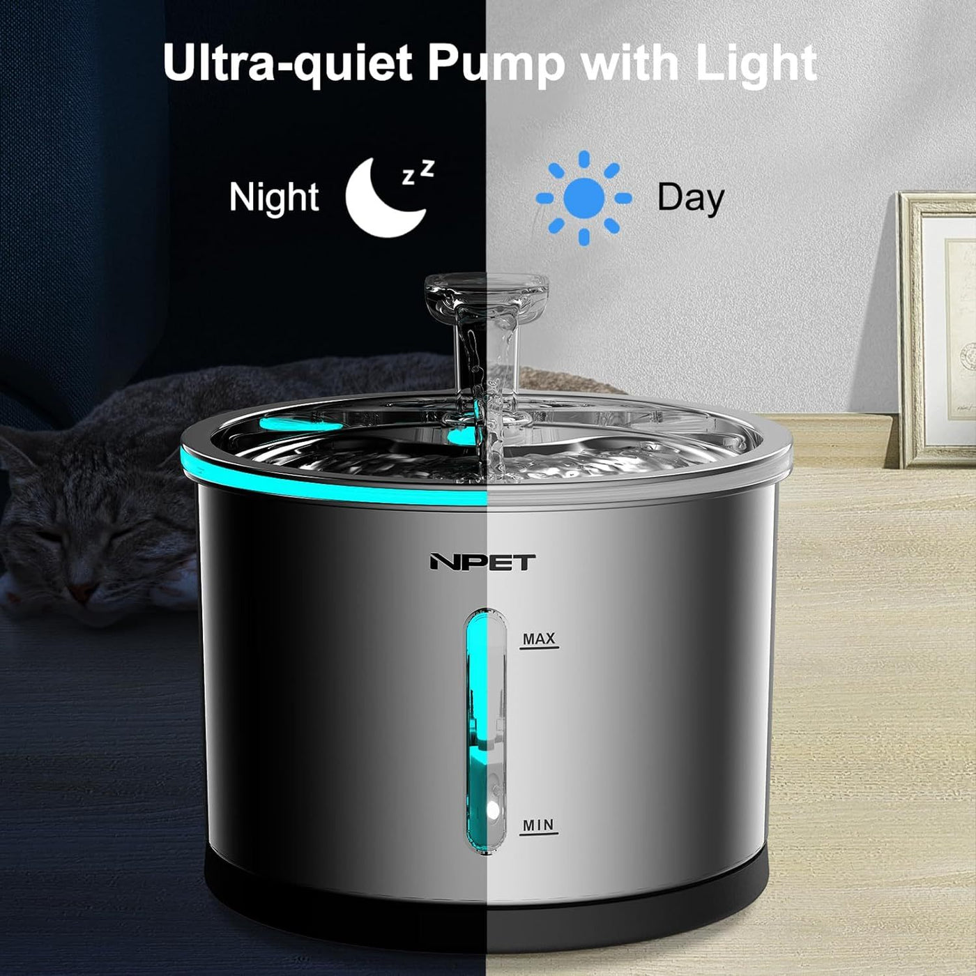 Stainless Steel Cat Water Fountain 50oz/1.5L with Filter - Ultra Quiet Auto Pet Water Dispenser, Dishwasher Safe, LED Visible Window for Cats & Dogs Indoor