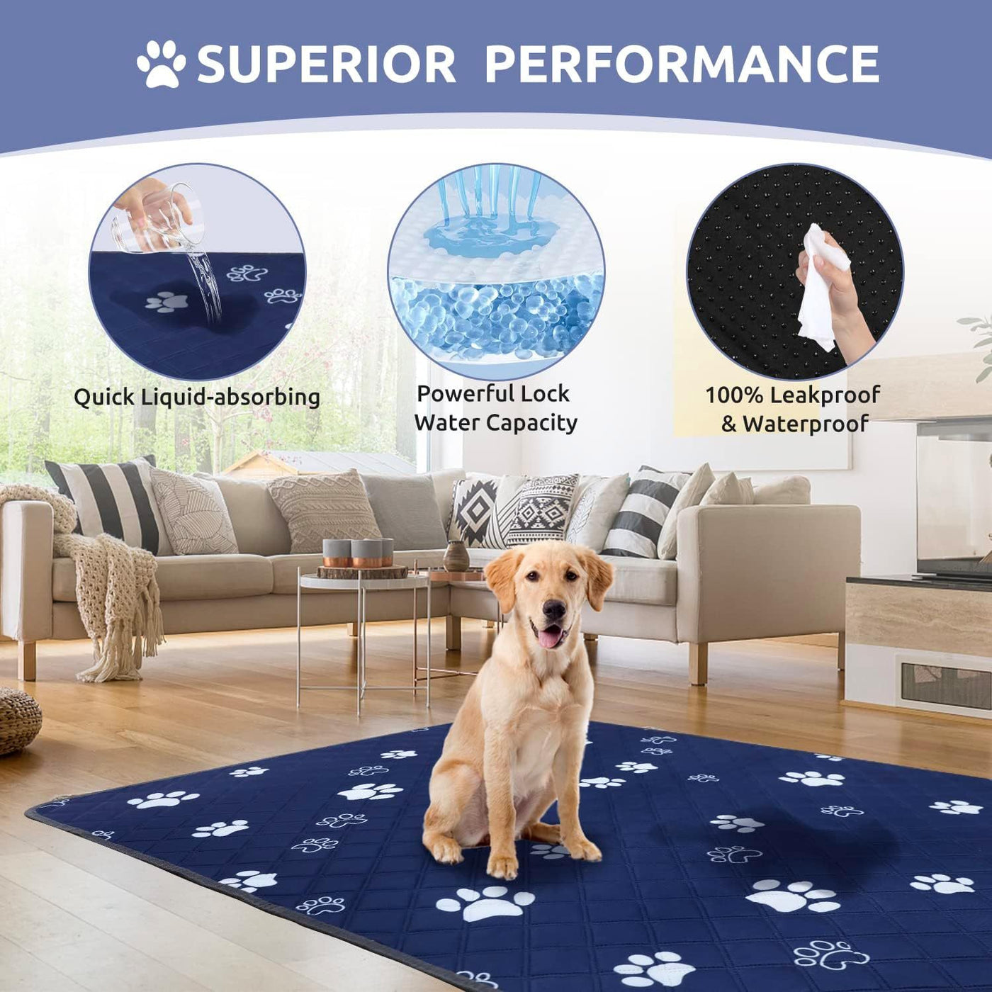 Washable Dog Pee Pads Extra Large Reusable Puppy Training Pads Super Absorbent Leakproof Non-Slip Backing for Potty Whelping Crate Sofa Car