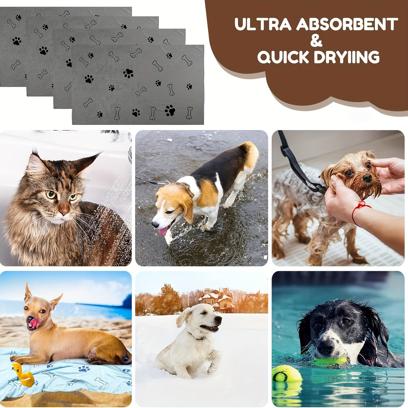 Large Quick-Dry Pet Bath Towel for Dogs & Cats - Super Absorbent Soft Microfiber, 40x24 Inches, Gray / Blue / 2-Pack