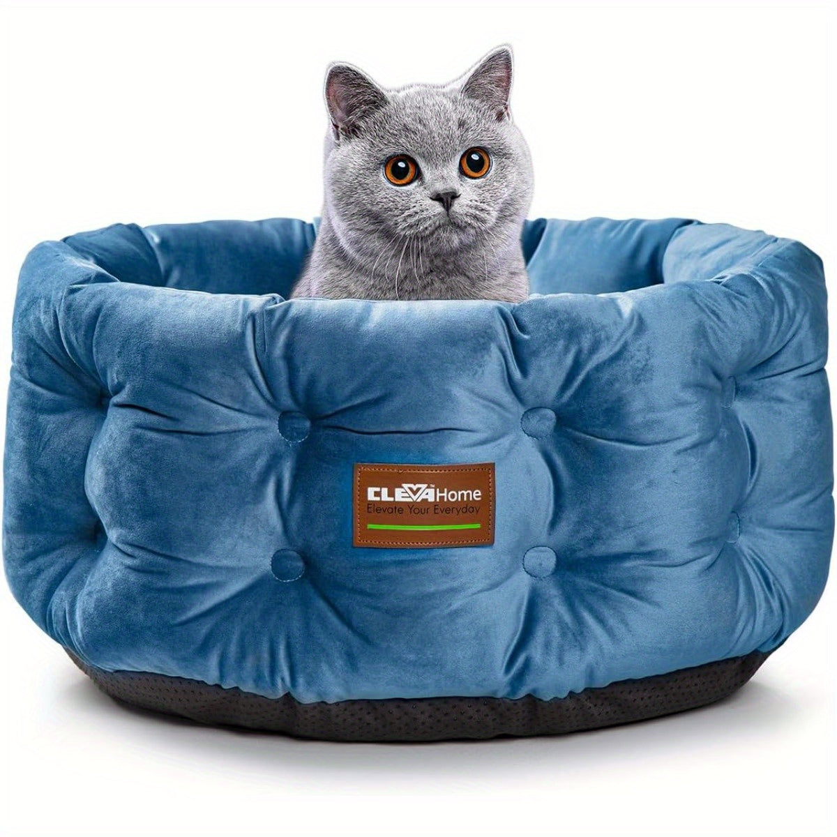 Deep Nest Round Cat Bed for Indoor Cats - Velvet Plush, Extra High Sides, Non-Slip Bottom, Machine Washable, 20x20x8in Cat Bed for Small Pets up to 15lbs, Steel Blue & Warm Beige