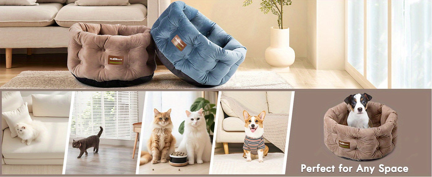 Deep Nest Round Cat Bed for Indoor Cats - Velvet Plush, Extra High Sides, Non-Slip Bottom, Machine Washable, 20x20x8in Cat Bed for Small Pets up to 15lbs, Steel Blue & Warm Beige