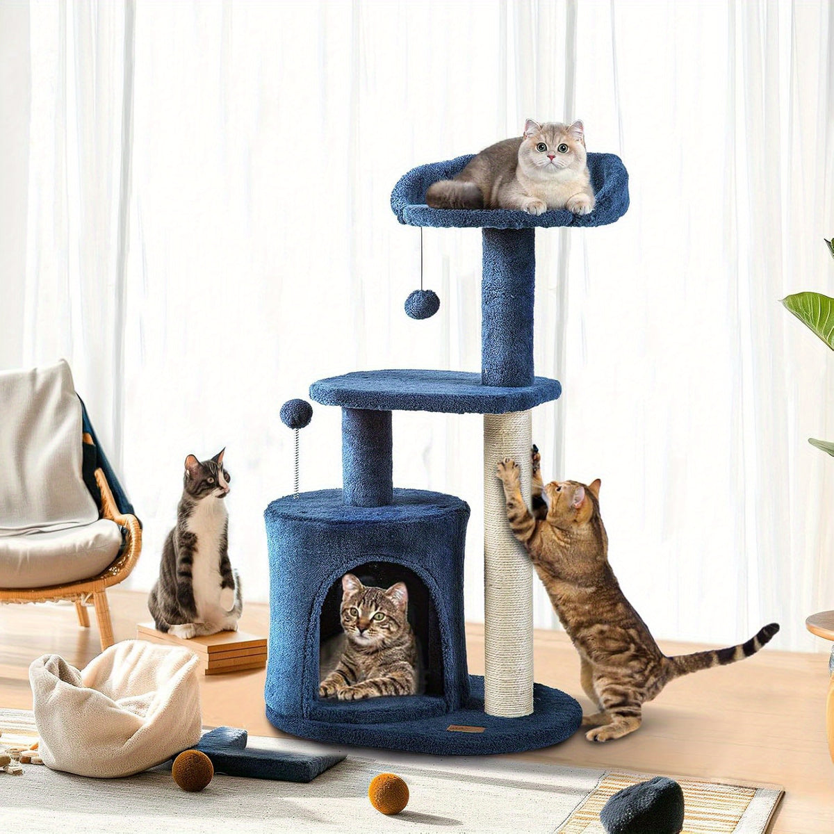 32-Inch Cat Tree with Condo, Sisal Scratching Post, Plush Perches & Pompom Toys for Indoor Cats - Denim Blue Multi-Level Cat Tower Activity Center