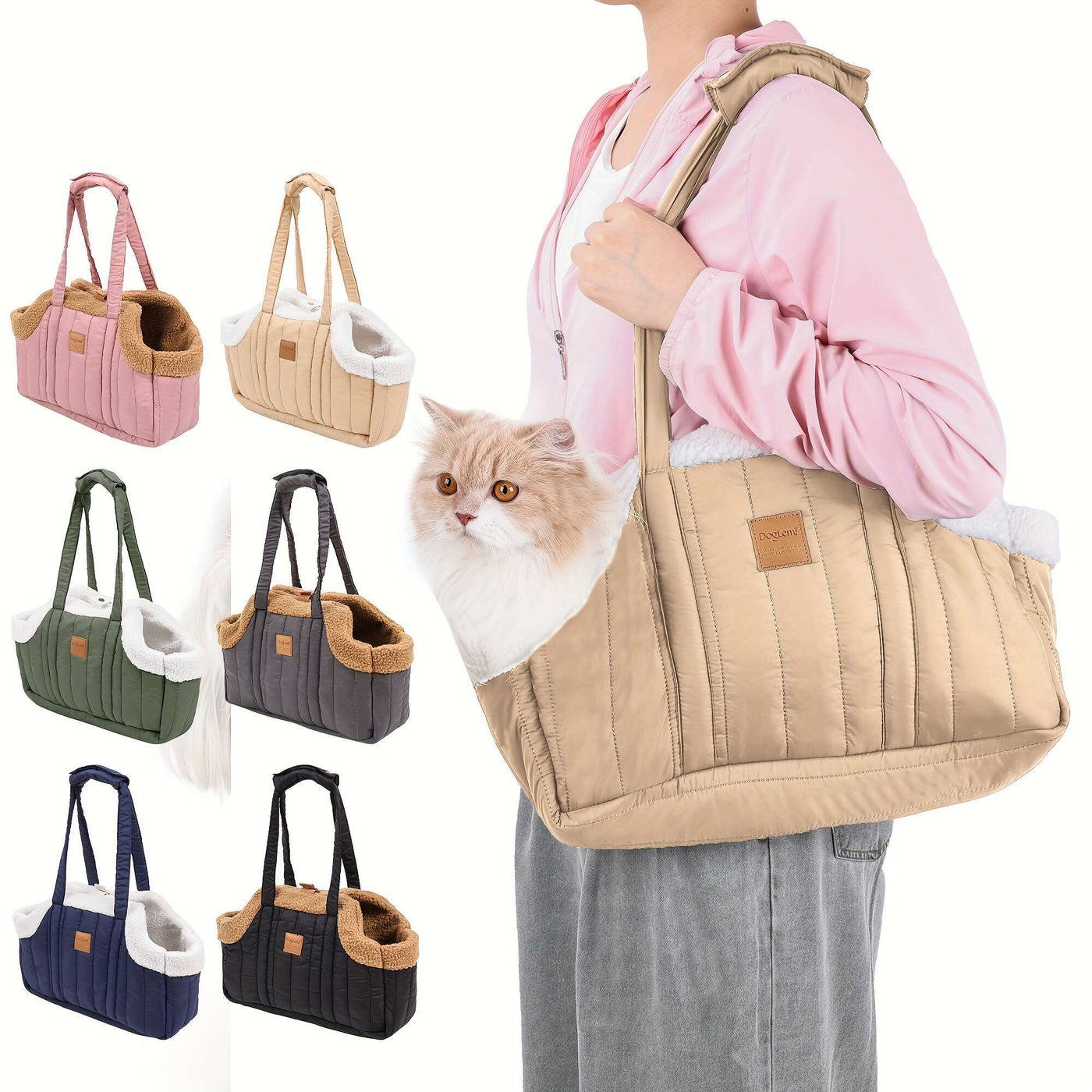 Winter Pet Carrier Handbag Open Top – Cozy Snap Closure Small Dog & Cat Tote Bag for Cold Weather Outdoor Activities, Dark Blue Grey Green Beige