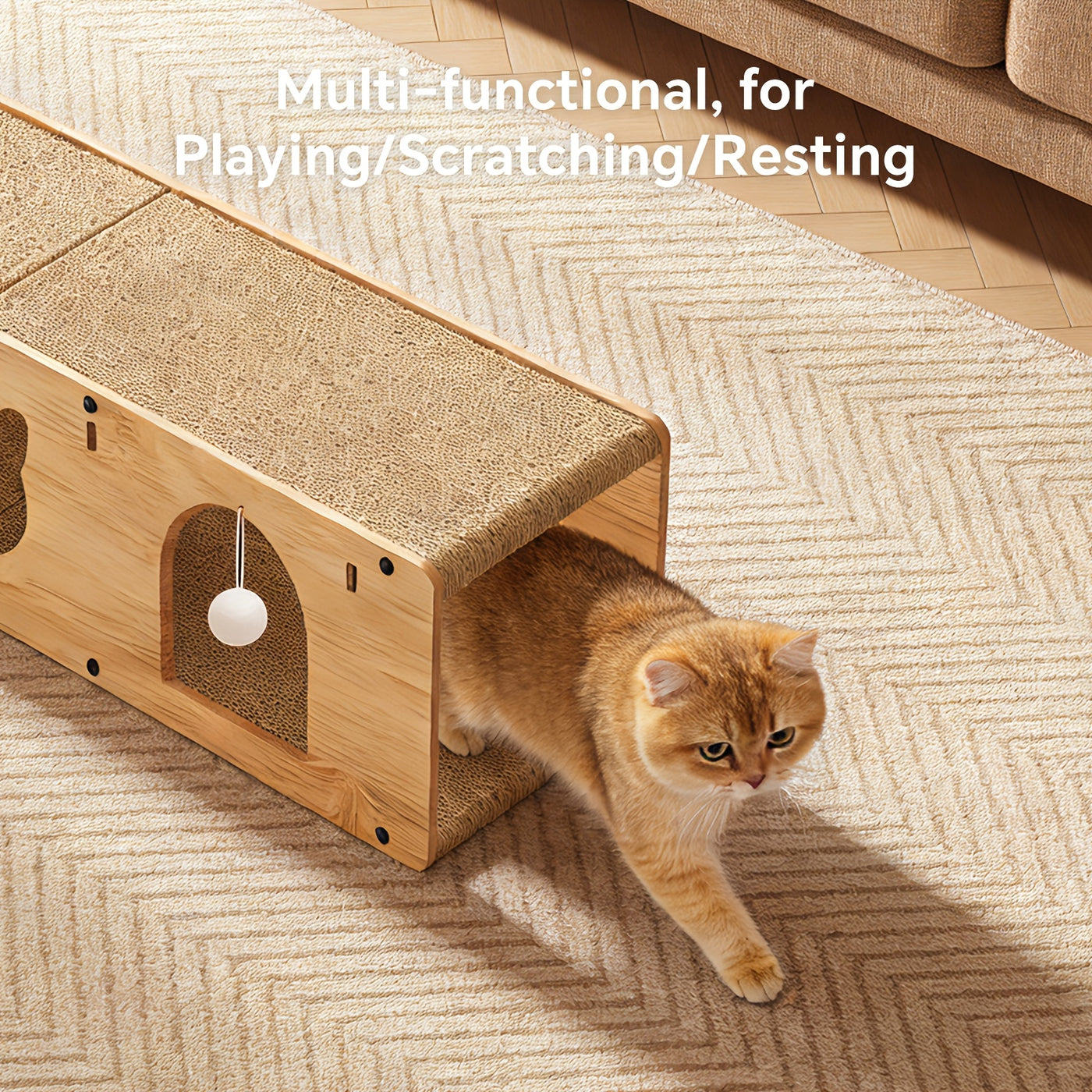 Cat Scratcher Tunnel Bed with Wood Frame Extra Large Donut Cat Tunnel with Scratching Board & Plush Balls - Anti-Scratch Toy for Medium & Large Cats, Cardboard Cat House