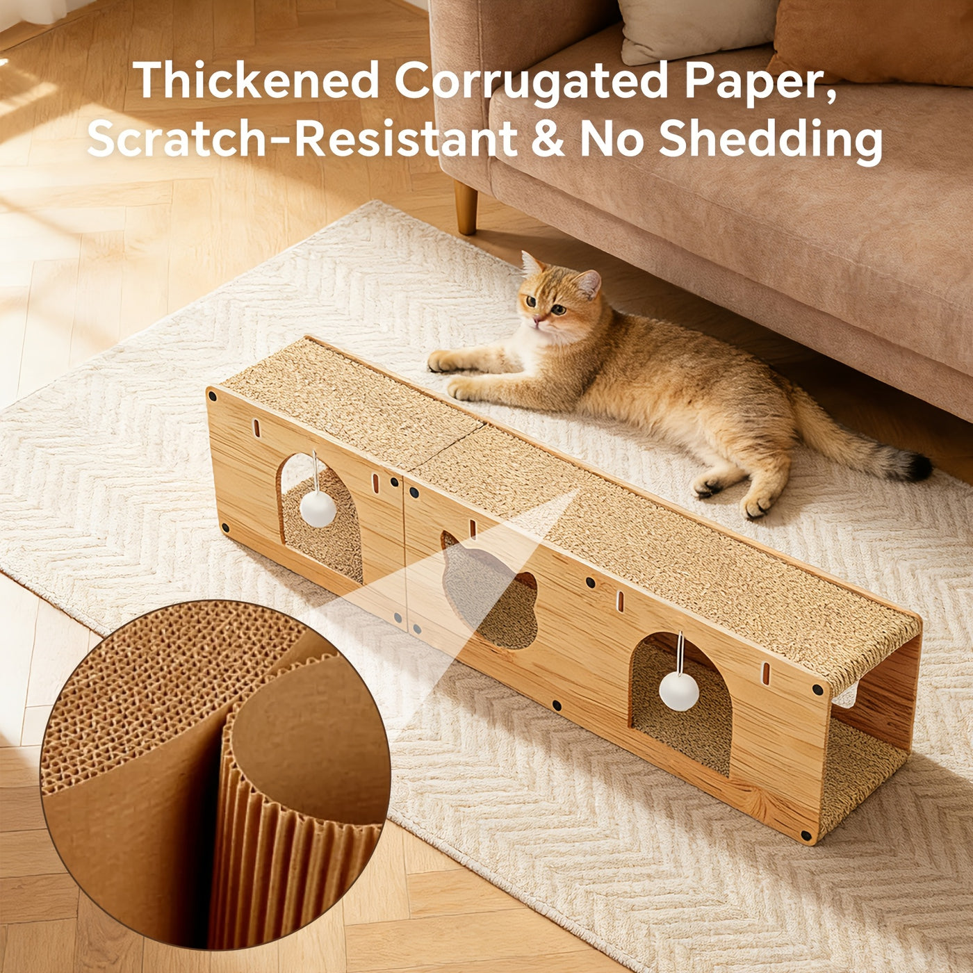 Cat Scratcher Tunnel Bed with Wood Frame Extra Large Donut Cat Tunnel with Scratching Board & Plush Balls - Anti-Scratch Toy for Medium & Large Cats, Cardboard Cat House