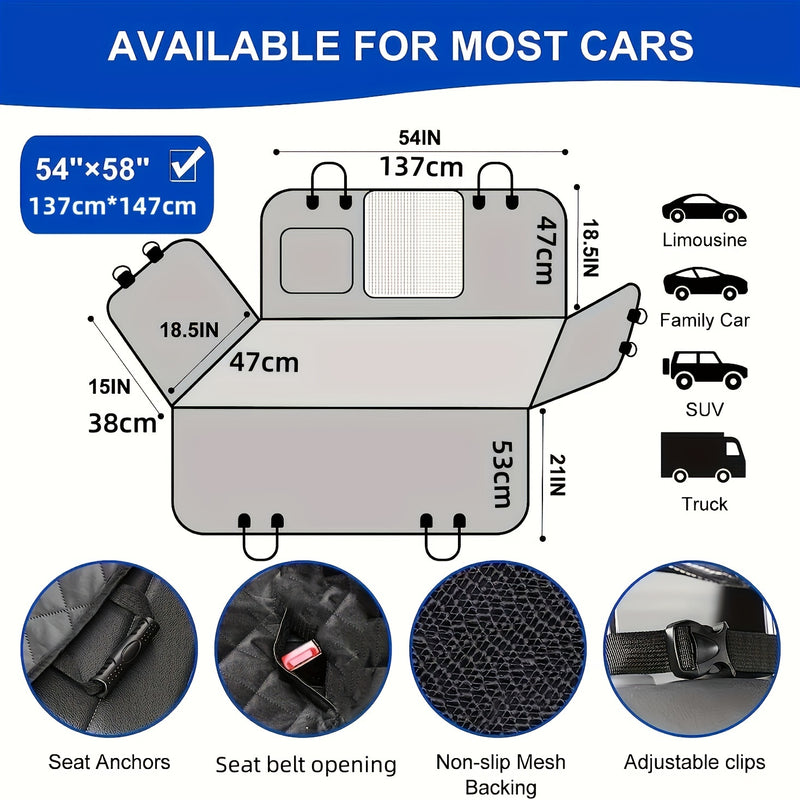 Dog Car Seat Cover with Mesh Windows & Storage Pockets – Scratchproof Waterproof Non-Slip Pet Hammock, Universal Fit for Cars Trucks SUVs, Durable Nylon Back Seat Protector for Dogs