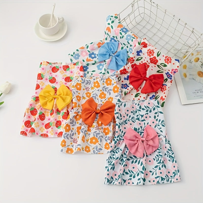 Girl Dog Dress Set of 5 Cute Styles – Floral Princess Bow Puppy Dresses for Small Dogs & Cats, Soft Polyester Press Buckle Pet Costume for Yorkshire Mini Toy Breeds, All Seasons