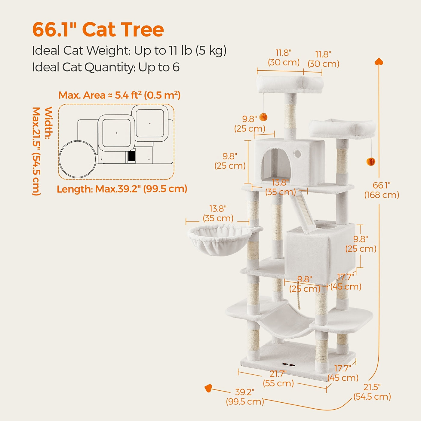 Multi-Level Cat Tree Tower with Cave & Plush Hammock - 44/66/79in Tall Cat Condo, 4 Sisal Scratching Posts, 2 Perches, Anti-Tilt, Pompom Toys for Multi-Cat Families, 5 Colors