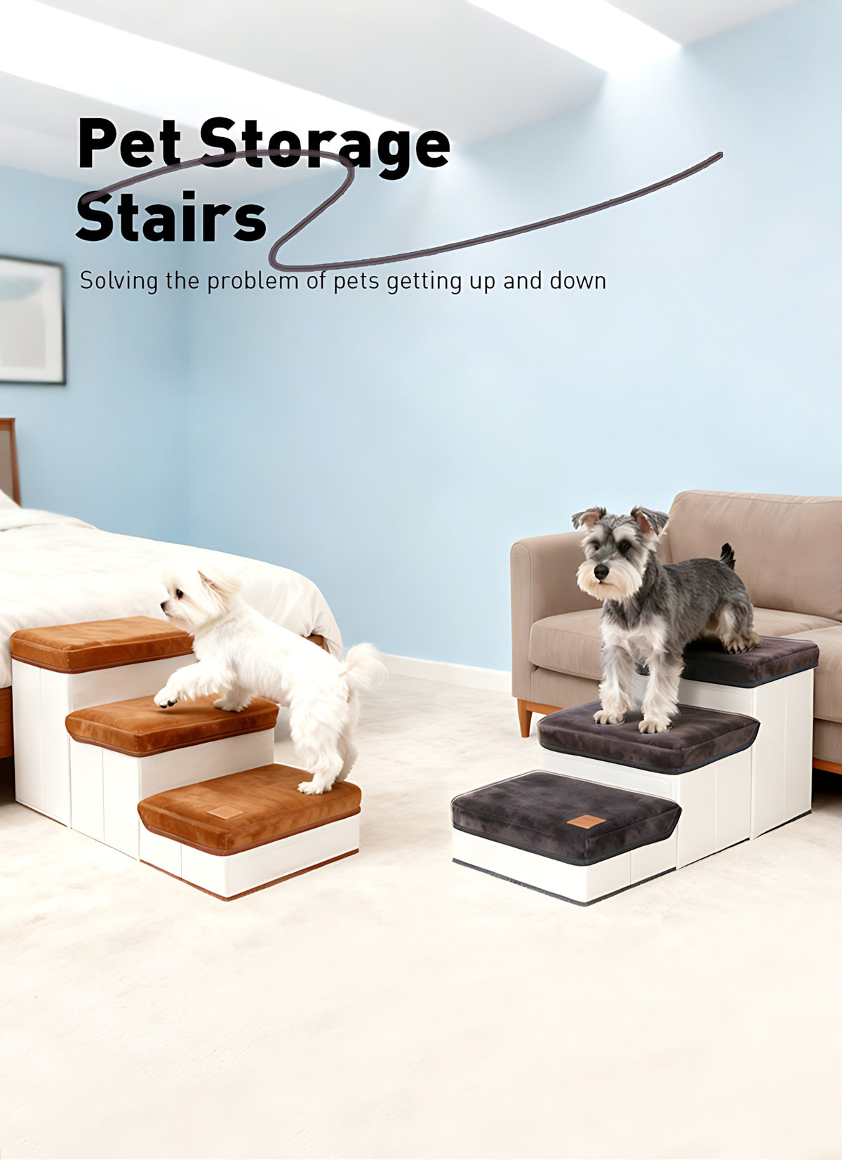 3-Tier Foldable Dog Stairs with Non-Slip Surface – Pet Steps for High Beds & Sofas, Small & Extra-Small Dogs, Nylon Ramp with Plush Chicken Toy, Coffee & Gray