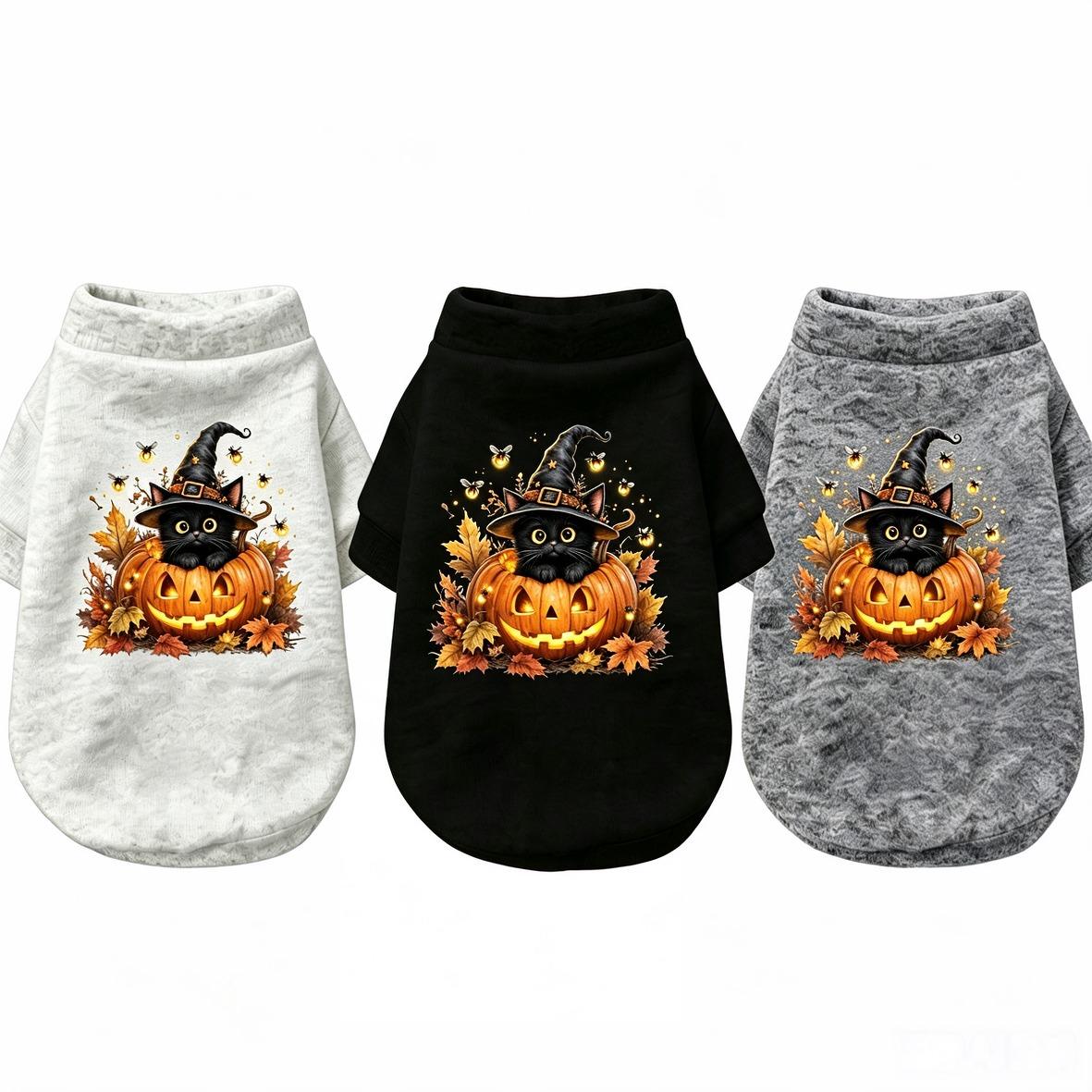 Halloween Dog Sweatshirt – Witch Black Cat Jack-o-Lantern Maple Leaf Graphic Soft Warm Fall Pullover for Small Dogs, Yorkie, Teddy, Pomeranian | White, Grey & Black