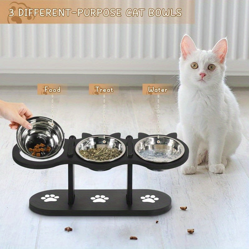 Elevated Cat Bowls 15° Tilted Stainless Steel – Raised Bowl Stand Feeder with Anti-Spill Wooden Base, Set of 2 or 3, for Cats & Small Dogs