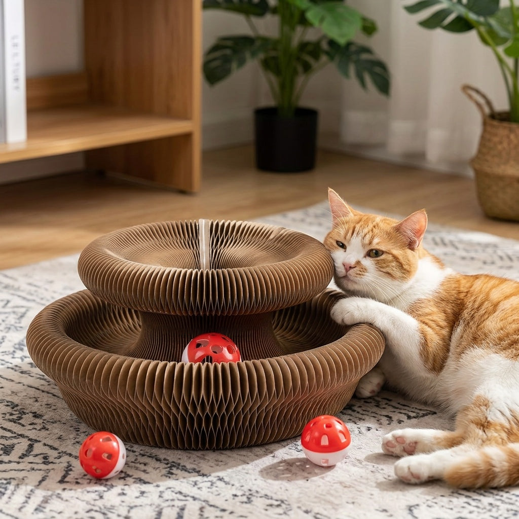 Magical Organ Cat Scratching Board with Ball Track & Bell Balls - Foldable Wear-Resistant Interactive Cat Scratcher Toy for Indoor Cats, Includes Scratching Post & 3 Bell Balls