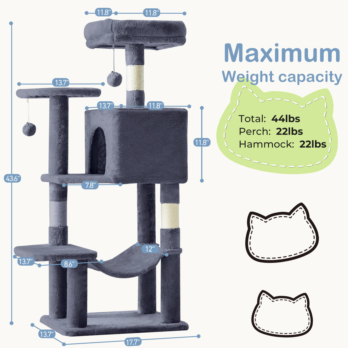 44-Inch Large Cat Tree Tower with Condo, Hammock & Sisal Scratching Posts – Multi-Level Indoor Cat House for Multiple Cats