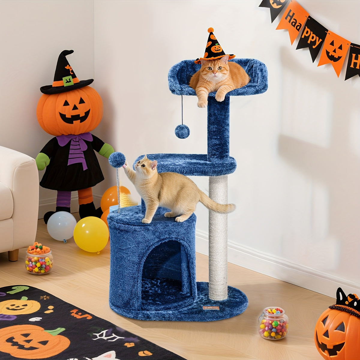 32-Inch Cat Tree with Condo, Sisal Scratching Post, Plush Perches & Pompom Toys for Indoor Cats - Denim Blue Multi-Level Cat Tower Activity Center