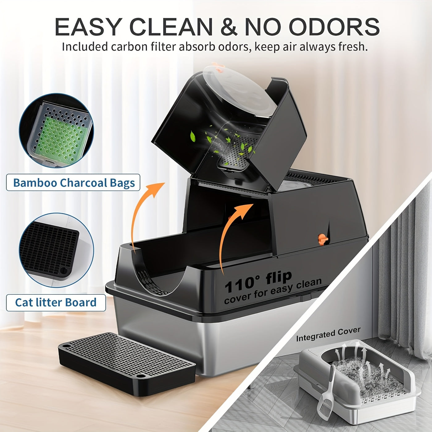 XL Stainless Steel Enclosed Cat Litter Box – 3-in-1 Flip Top Design, High Side Walls Prevent Litter Scatter, Ideal for Large Cats and Multi-Cat Households