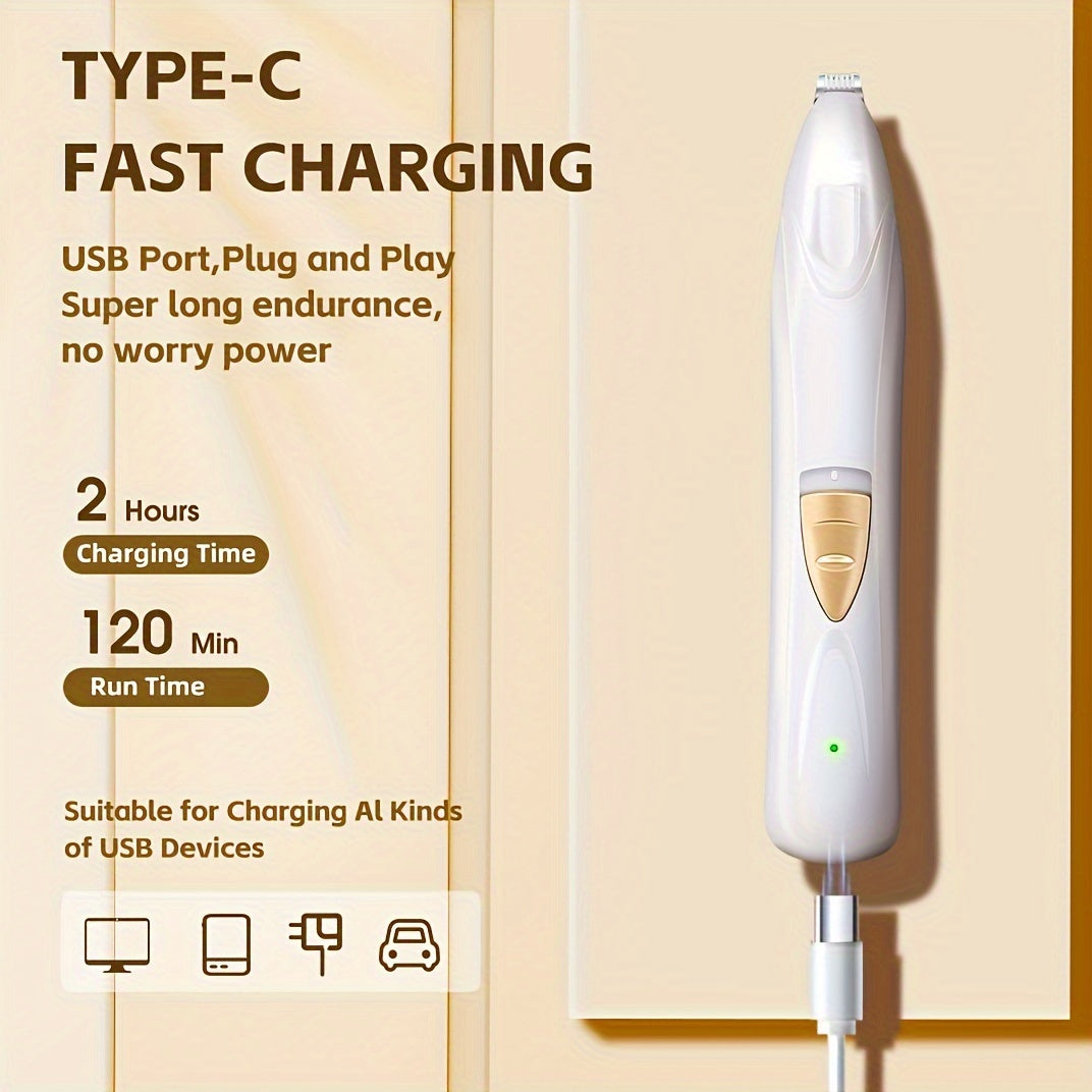 Electric Pet Paw Trimmer & Clipper with LED Light - USB Rechargeable Low Noise Dog Cat Grooming Kit for Eyes Face Ears Paws, Professional Pet Hair Shaver, White