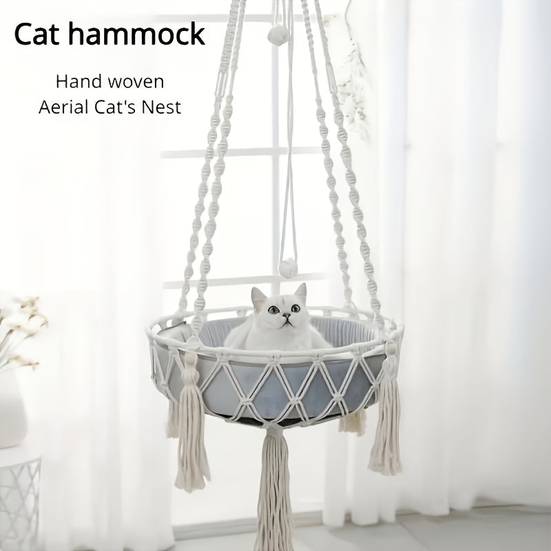 Extra Large Hand-Woven Rope Cat Hammock Swing Bed Indoor Cat Nest Basket for Two Cats - Super Load-Bearing Durable Hanging Cat Bed 15.75in & 11.81in Diameter