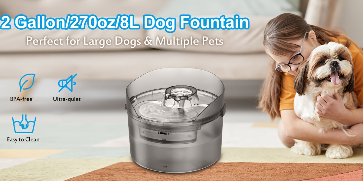 Large Dog Water Fountain 1.3-2 Gallon Triple Filtration Pet Drinking Fountain with Splatter Guard for Large Dogs & Multi-Pet Families