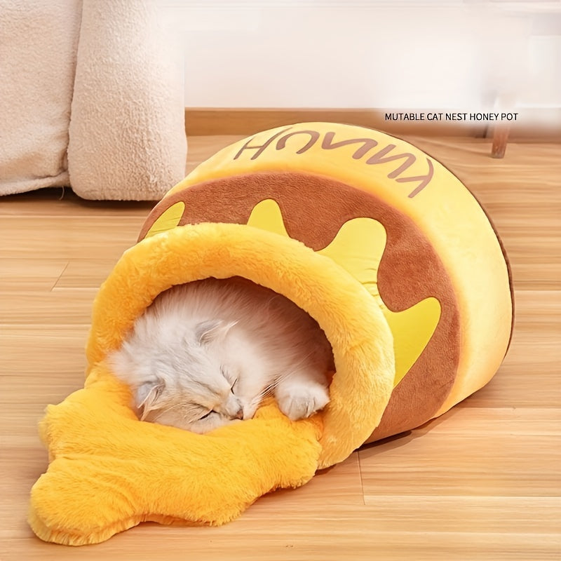 Honey Jar Cat Bed Large Warm Soft Plush Cave Bed for Cats & Small Dogs - Cozy Autumn Winter Pet Bed with Thick Cushion, Detachable & Washable Cat House Nest