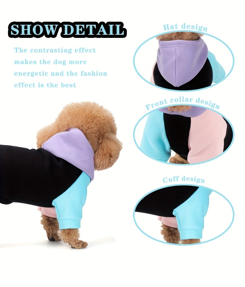 Dog Hoodie Cyber Punk Style Color-Block – Buttery Soft Knitted Polyester, Black Purple Peach, Adjustable Drawstring Hood, Ribbed Cuffs, Comfort Fit for All Breeds, Winter Spring Autumn