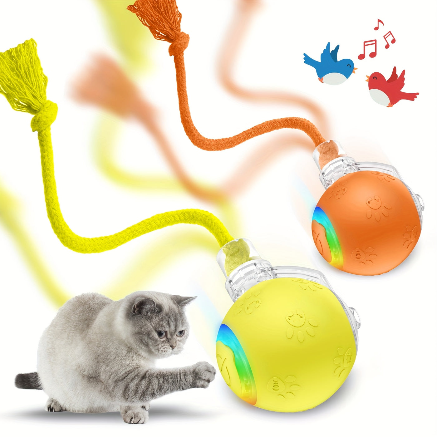 Motion-Activated Smart Cat Toy 2-Pack USB Rechargeable with Bird Sounds Colorful Lights - Interactive Self-Play for Indoor Cats & Kittens