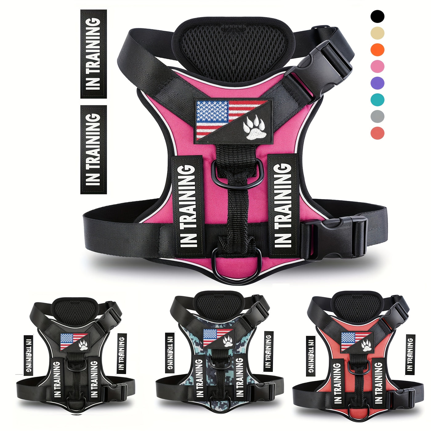 Dog Harness Set 6pcs with 5 Customizable Patches – Reflective Adjustable Mesh Vest Harness with Handle for Small Medium Large Dogs, Sizes XS-XL