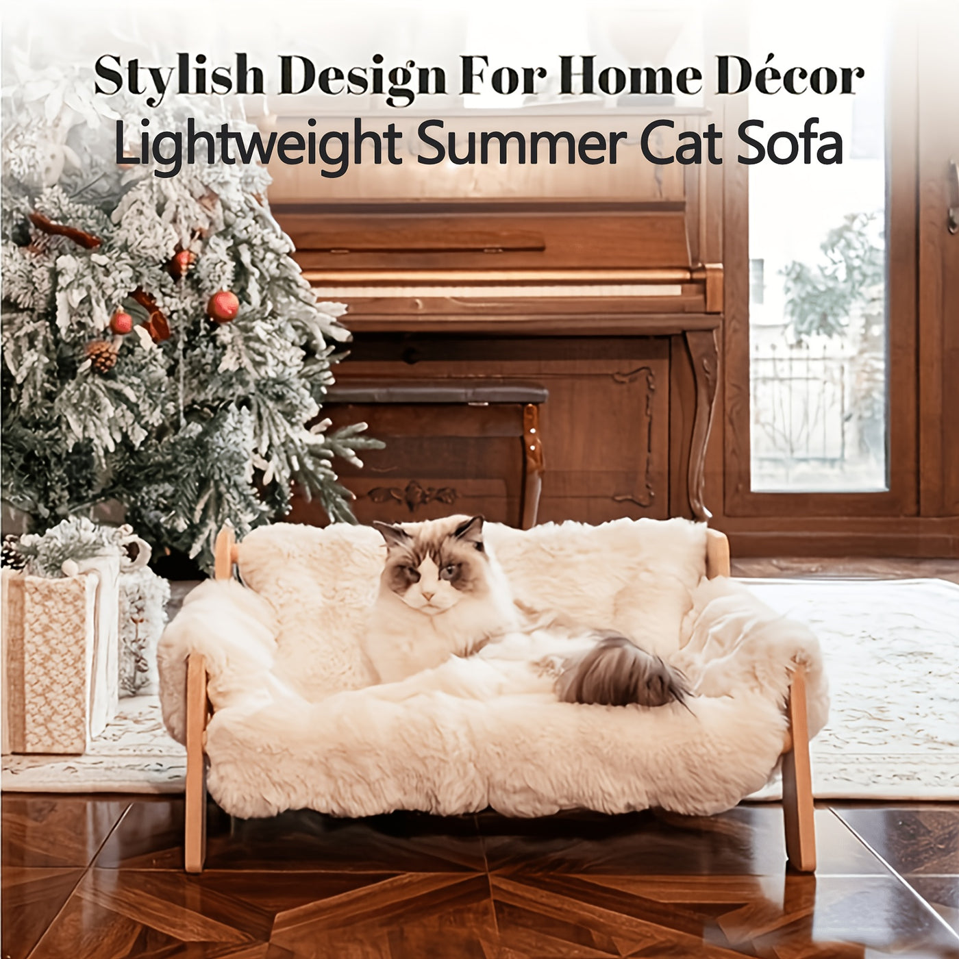 Elevated Pet Sofa Bed - Solid Wood Lounge Chair for Cats & Dogs, Modern Pet Furniture, Replaceable Mattress, Bamboo Mat & Fleece Options, White & Grey