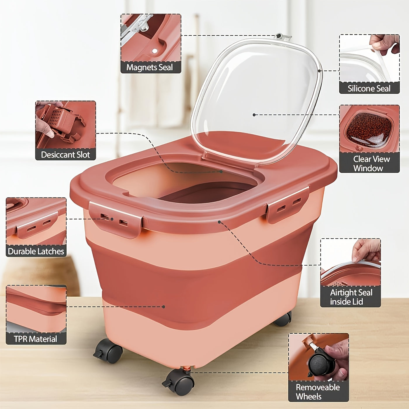 Foldable Pet Food Storage Container with Wheels – Airtight Moisture-Proof Bin for Dog & Cat Food, 5-30 LB Capacity, Upgraded Model