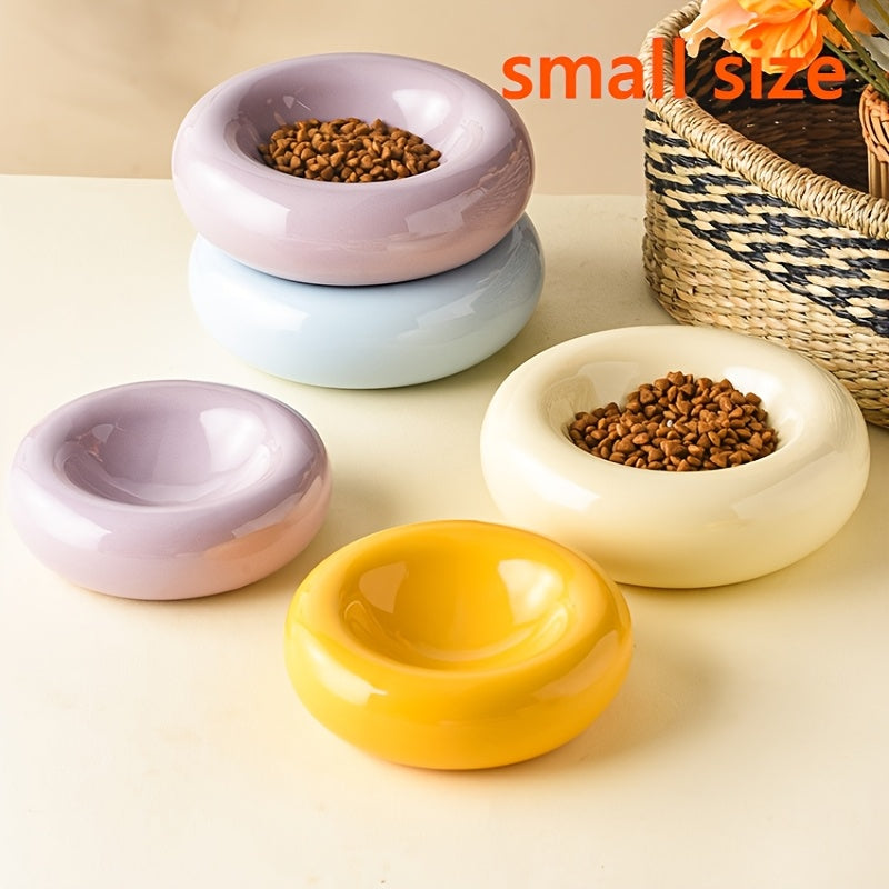 Donut Shaped Ceramic Cat Bowl Wide Opening – Anti-Tip Minimalist Pet Food & Water Dish with Stable Base, 4.92 Inch, 8 Colors