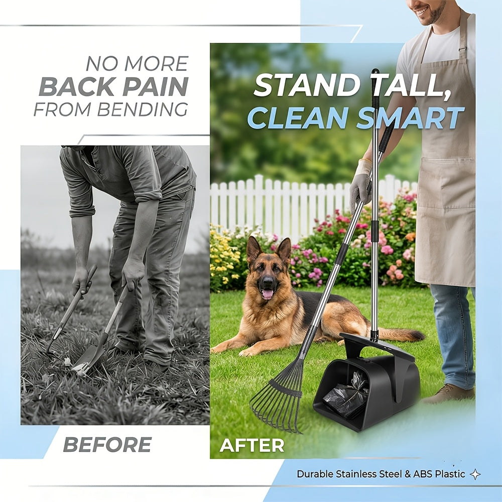 Dog Pooper Scooper Set Heavy Duty – Long Handle with Swivel Bin, Rake & Spade for Grass, Dirt & Gravel, Includes 40 Waste Bags, 2 or 3 Piece Set for Large Dogs