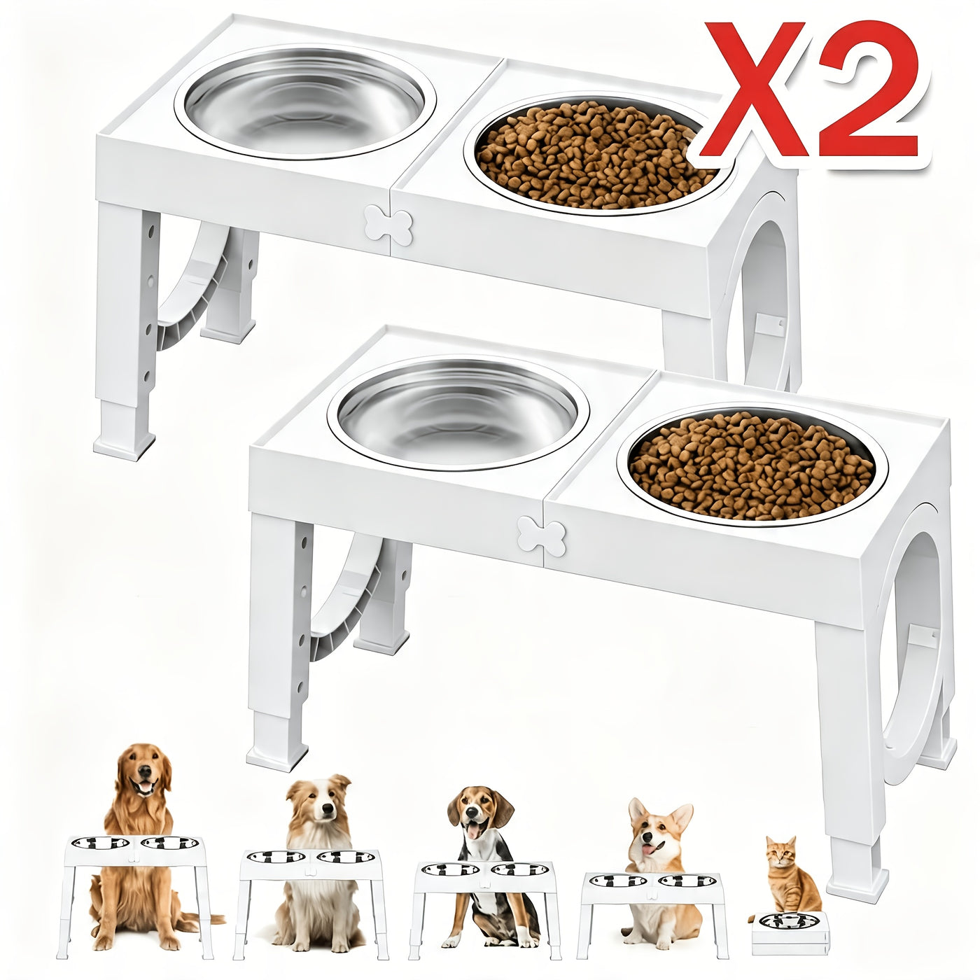 Elevated Dog Bowl Stand Foldable 5-Height Adjustable with 2 Stainless Steel Bowls - Raised Feeder for Small Medium Large Dogs & Cats Non-Slip