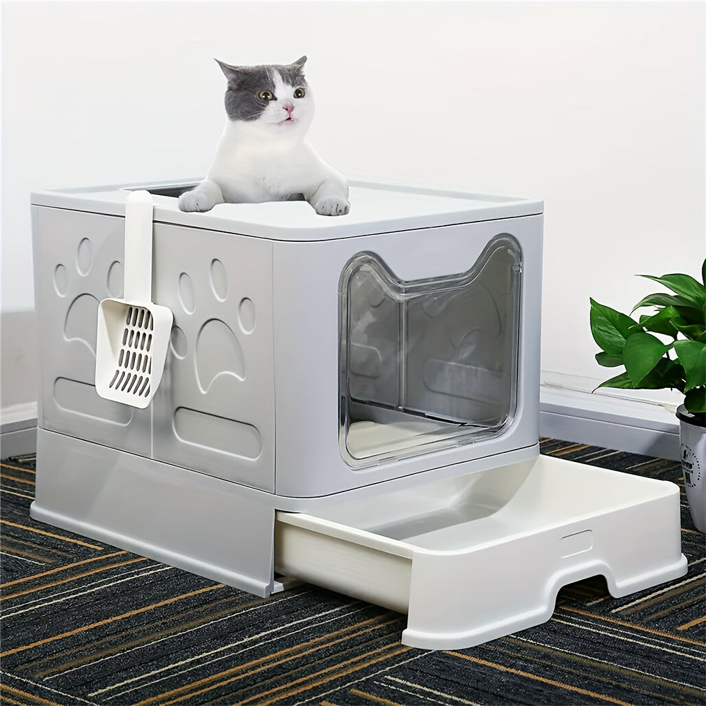 Large Top-Entry Cat Litter Box with Drawer Tray & Scoop - Odor Control Self-Cleaning Cat Toilet for Cats Up to 10kg, Modern Design Foldable Litter Box, Gray/Pink