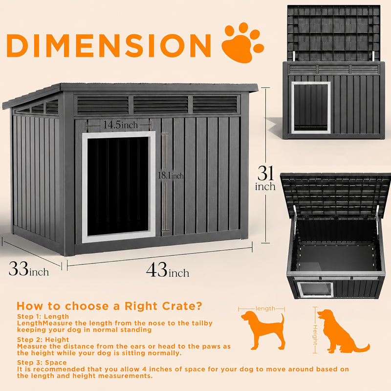 XXXL Outdoor Dog House for Large Dogs – All-Weather Resin Kennel with Gas-Lift Ventilated Canopy, UV-Proof & StormProof Design, Easy Assembly Shelter for Multi-Pet Households
