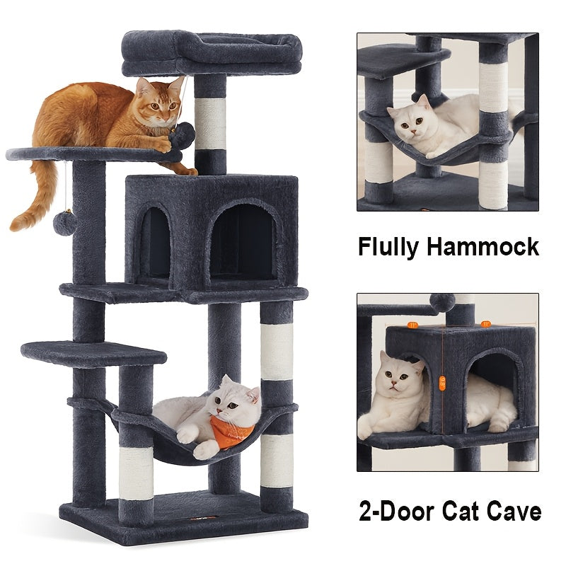 Multi-Level Cat Tree Tower with Cave & Plush Hammock - 44/66/79in Tall Cat Condo, 4 Sisal Scratching Posts, 2 Perches, Anti-Tilt, Pompom Toys for Multi-Cat Families, 5 Colors